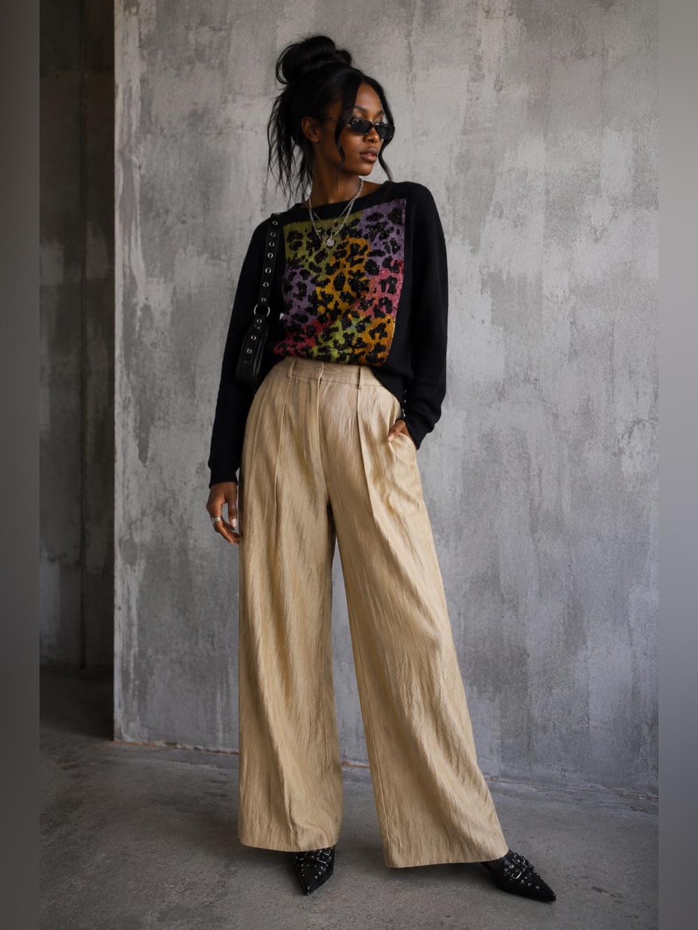 Vintage Black Sweater with Multicolor Sequined Leopard Panel